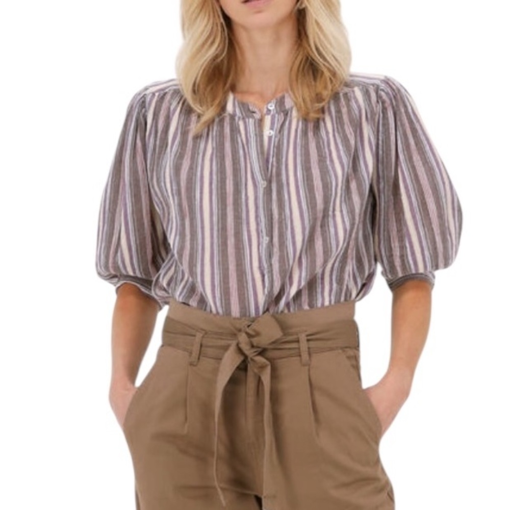 MKT Studio striped gauzy short puff sleeve button down tunic excellent condition